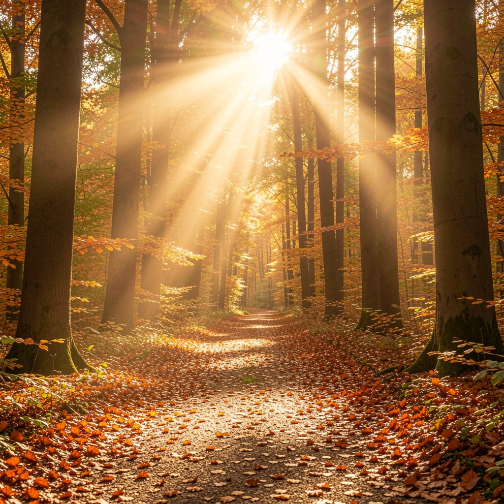 Skogsled med höstlöv och solstrålar som lyser genom träden
