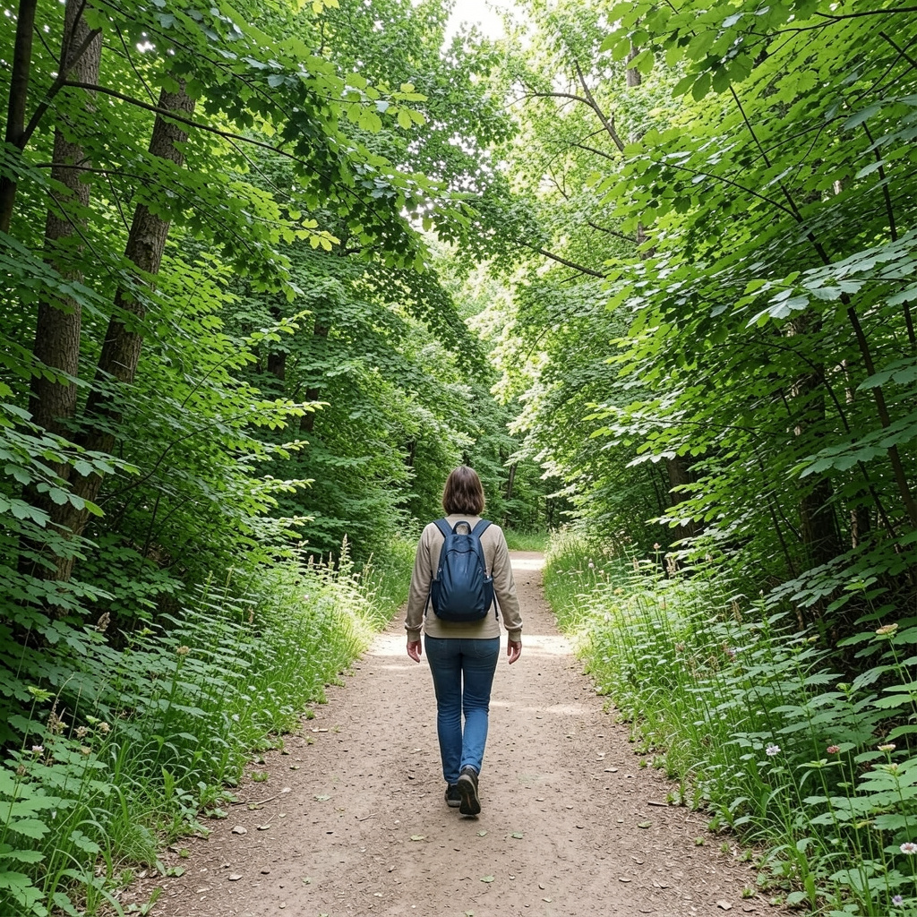 Person som promenerar på en naturstig omgiven av gröna träd och frisk luft